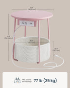 SONGMIC HOME Round Side End Table, Nightstand with Charging Station and Fabric Basket, for Living Room, Pink and White