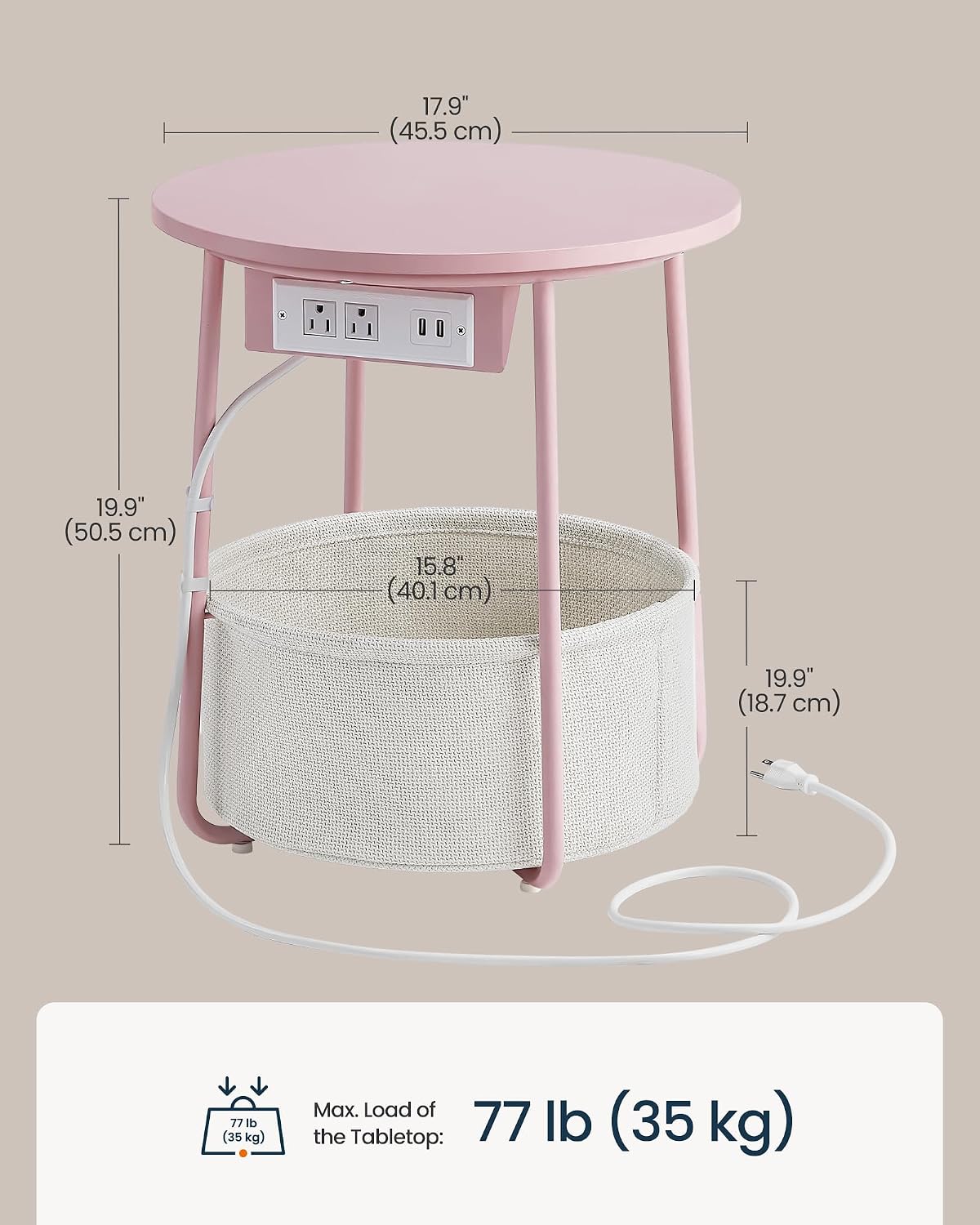 SONGMIC HOME Round Side End Table, Nightstand with Charging Station and Fabric Basket, for Living Room, Pink and White