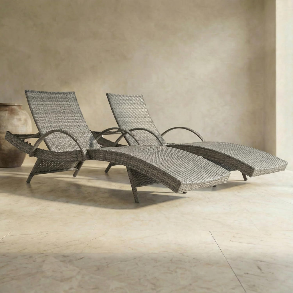 OVENTA Outdoor Wicker Patio Chaise Lounge Chair Set of 2, Gray Rattan Pool Furniture Lounger for Outside Poolside Lounges, Jumbo Co Chaise Lounge Chairs, Wicker Patio Pool Furniture
