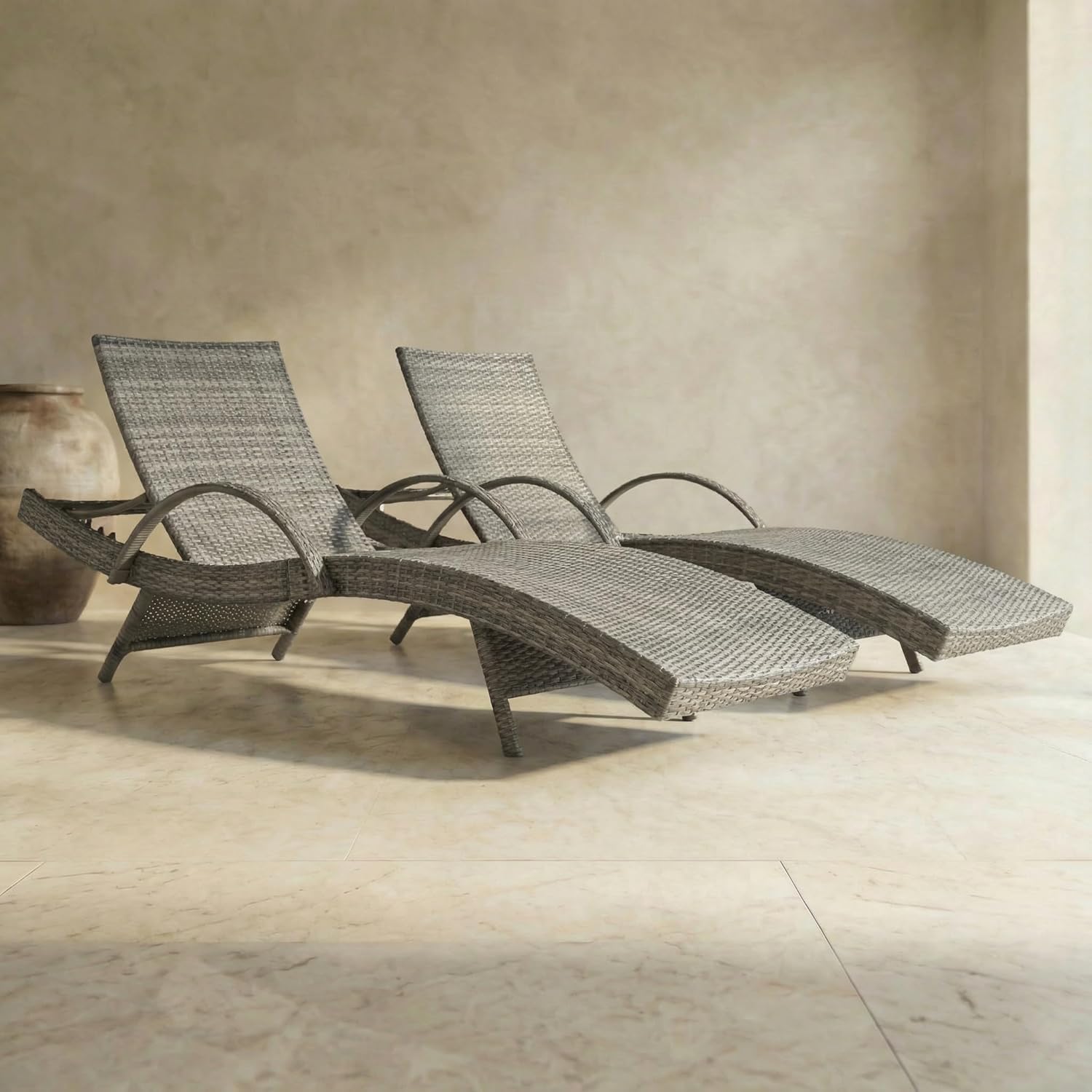 OVENTA Outdoor Wicker Patio Chaise Lounge Chair Set of 2, Gray Rattan Pool Furniture Lounger for Outside Poolside Lounges, Jumbo Co Chaise Lounge Chairs, Wicker Patio Pool Furniture