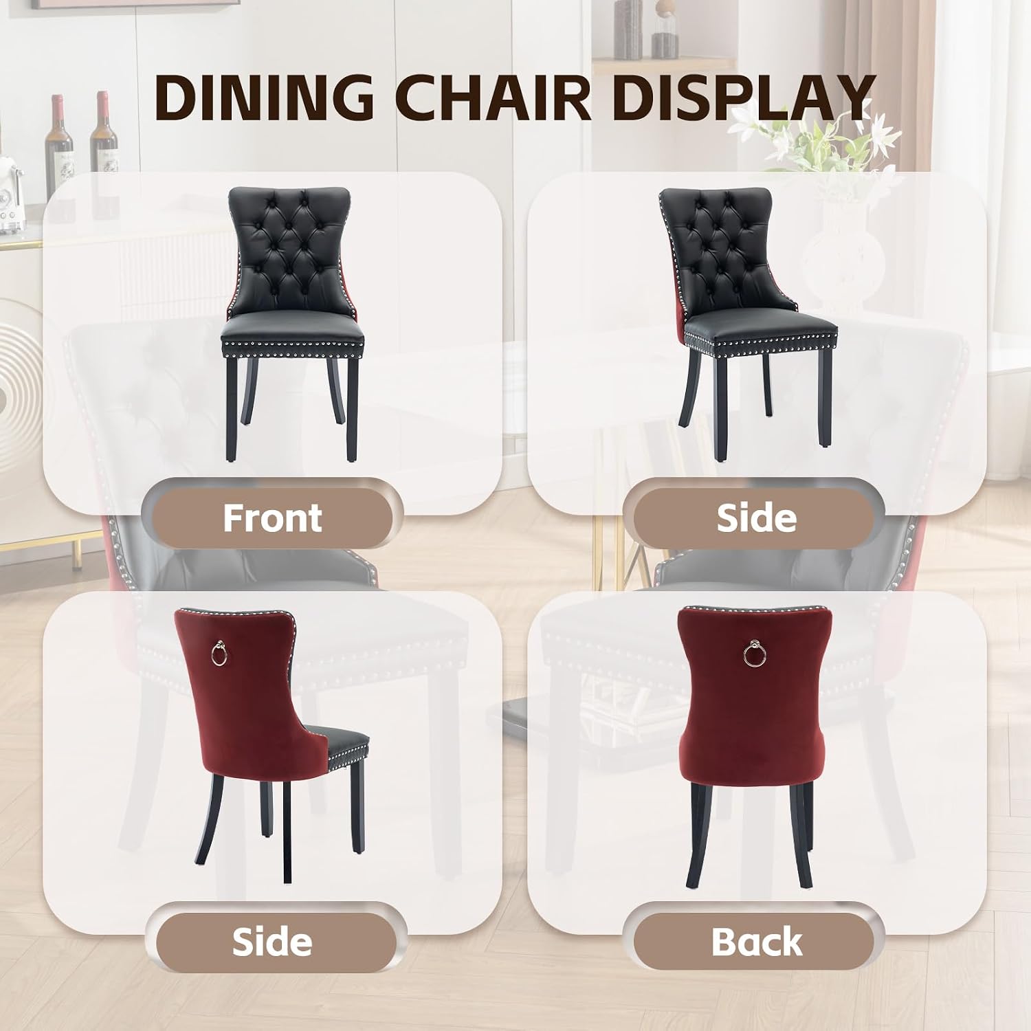 3-Pieces Dining Sets, 31.5" Round Dining Table Set with 2 Velvet Upholstered Dining Chairs,Wooden Legs Design for Kitchen Dining Room Apartment Small Space(1 Black Table with 2 Black&Wine Red Chairs)