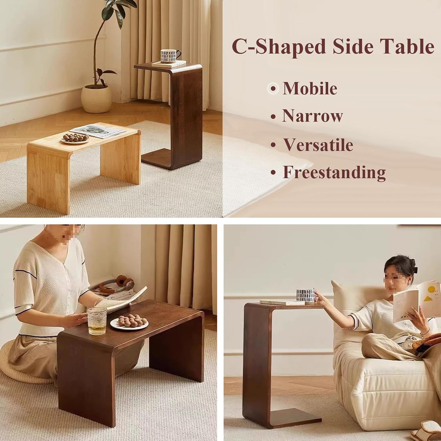 C-Shaped End Table Solid Wood Sofa Side Table for Living Room,Small,Modern,Bedside Accent Table,Mobile,Coffee Table,Bedroom,Nightstand(69cm/27.2″, Black 1)