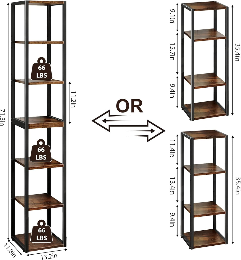 Narrow Bookshelf, 7 Tier Tall Bookshelves with Adjustable Shelves, DIY Stackable Bookshelf, Shelf Storage Organizer for Small Space, Living Room, Office, Study, Entryway, Industrial, Rustic Brown
