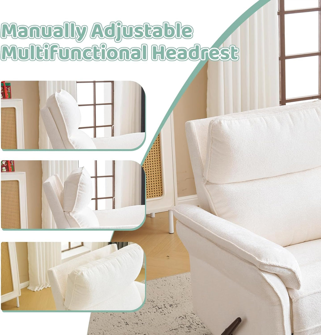 Swivel Rocker Recliner with Adjustable Headrest,Upholstered Glider Rocker Recliner with Overstuffed Armrest,Manual Recliner Nursery Chair for Living Room,White