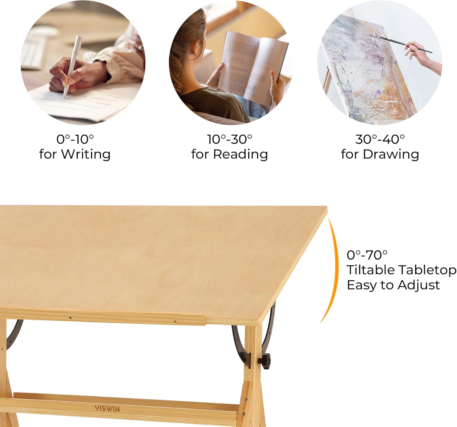 VISWIN Wood Drafting Table for Adults, Drawing Table with Adjustable Angle & 2-Tier Storage Racks for Art Studio, Solid Pine Wood Artist Desk for Drawing, Drafting, Writing, Reading, Sketching