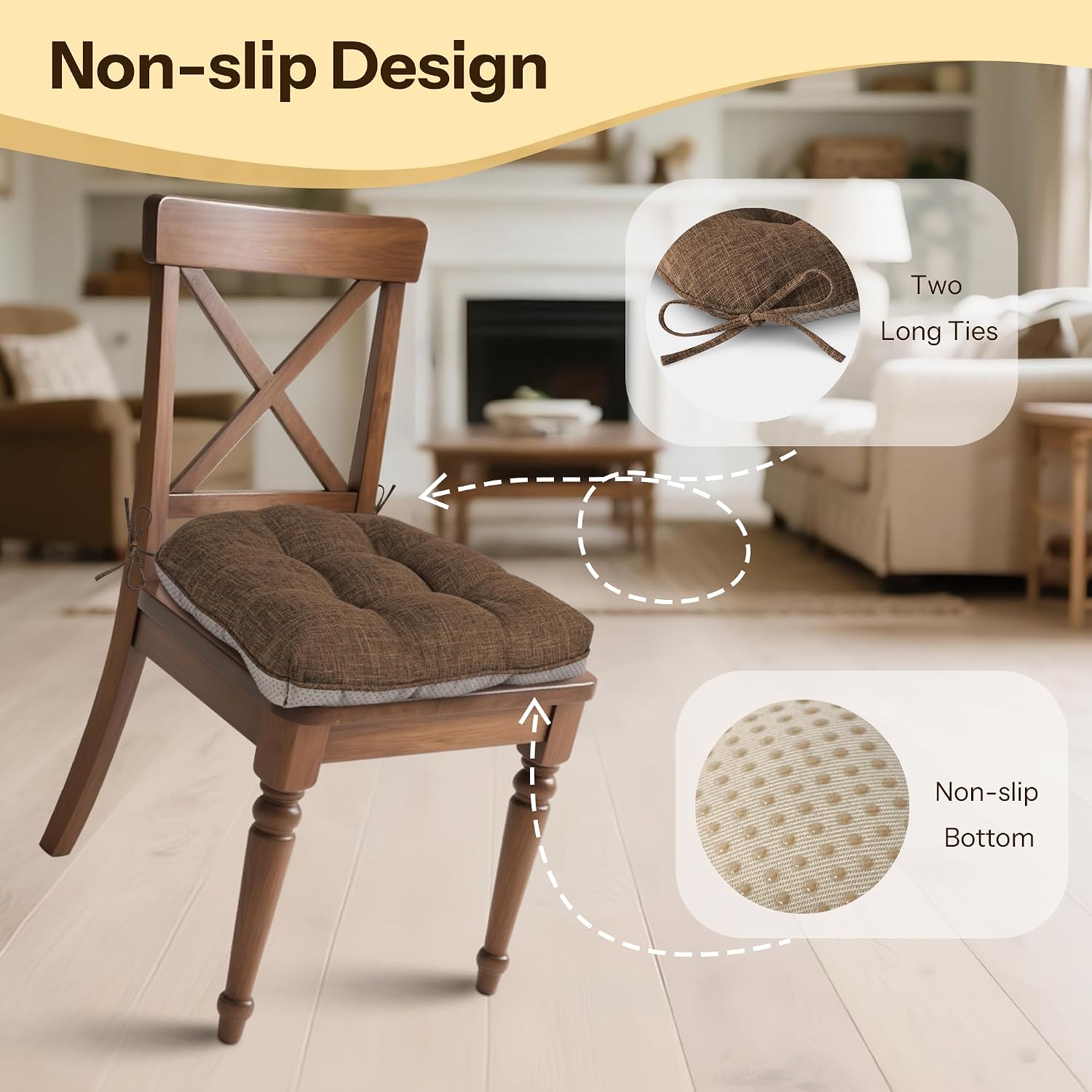 Chair Cushions for Dining Chairs 2 Pack, 18"x18"x3", Coffee | Non-Slip, Tufted, with Ties, Textured, Comfortable, for Kitchen, Dining Room, Home Offices, Living Room, Bars, Indoor