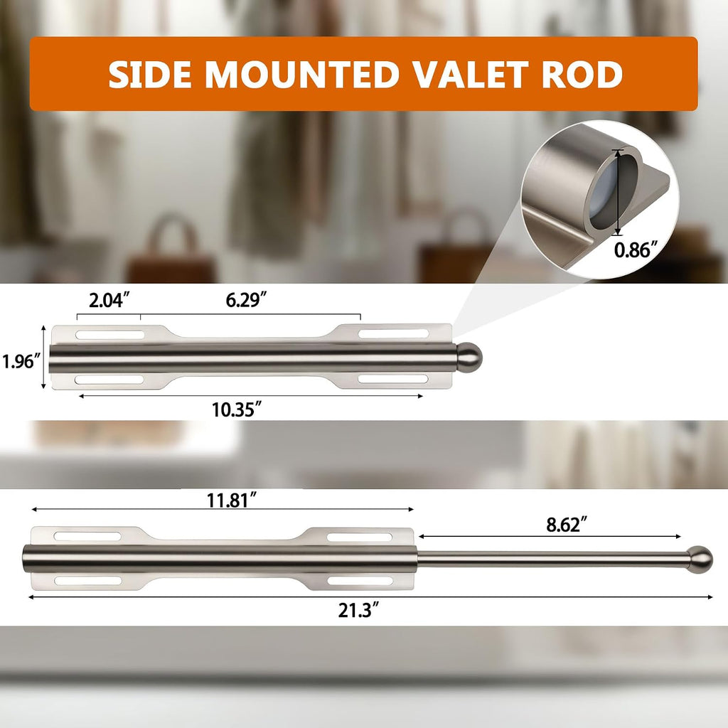 2 Pack Valet Rod for Closet Pull Out, Rod for Bedroom Laundry Room Bathroom, Nickel