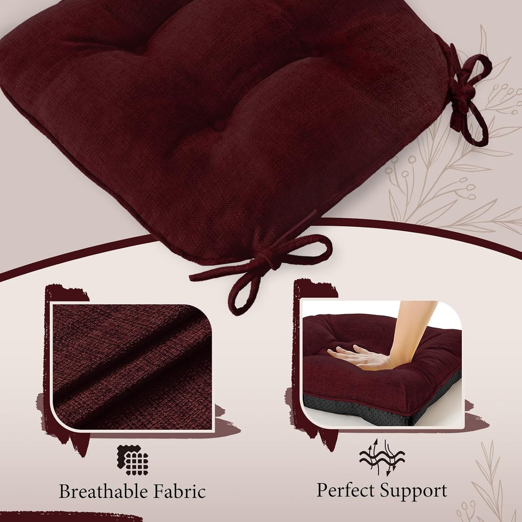 Cozyide Chair Cushions for Dining Chairs, 17" x 17" Non-Slip Kitchen Chair Pads with Adjustable Ties, Indoor Chair Cushions for Dining Room, Burgundy (Pack of 4)