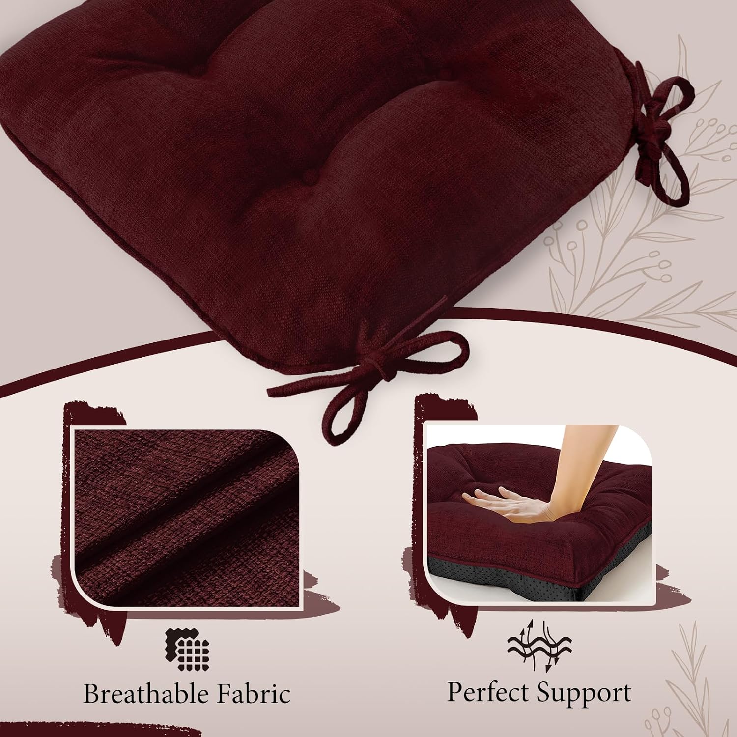 Cozyide Chair Cushions for Dining Chairs, 17" x 17" Non-Slip Kitchen Chair Pads with Adjustable Ties, Indoor Chair Cushions for Dining Room, Burgundy (Pack of 4)