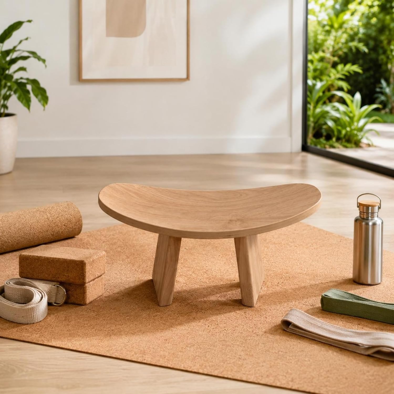 kowaku Mindful Kneeling Stool Solid Wood Meditation Stool Curved Top Wooden Kneeling Bench, Brown, Small 42 21 16 CM