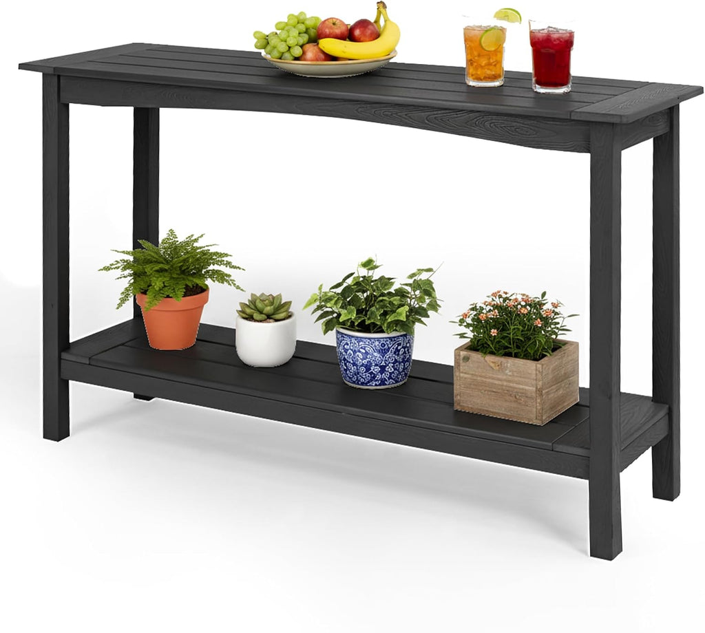 Outdoor Console Table, All-Weather 2-Tier Patio Console Table, Outside Plant Stand Table, Low Maintenance, Never Rot or Fade, HIPS Table for Indoor, Backyard, Garden, Entryway, Black