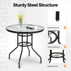 VINGLI Round Patio Table with Umbrella Hole, 32" Outdoor Dining Table Steel Tempered Glass Patio Tables Round Outdoor Tables for Balcony Garden Deck