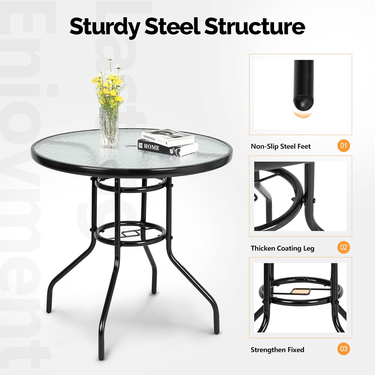 VINGLI Round Patio Table with Umbrella Hole, 32" Outdoor Dining Table Steel Tempered Glass Patio Tables Round Outdoor Tables for Balcony Garden Deck