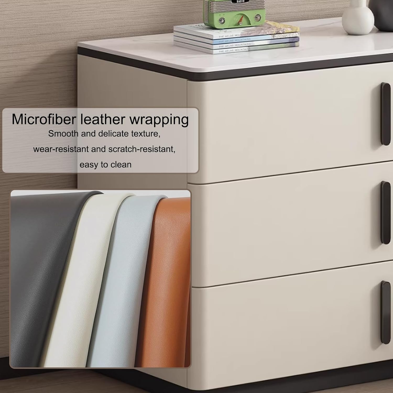 3 Drawer Nightstand, Rock Board Bed end Side Table Cabinet, Bedside Desk Leather Finish, Wooden Night Stand with Metal Handle, for Bedroom & Officesssss(Khaki,35.4 * 15.7 * 23.6")