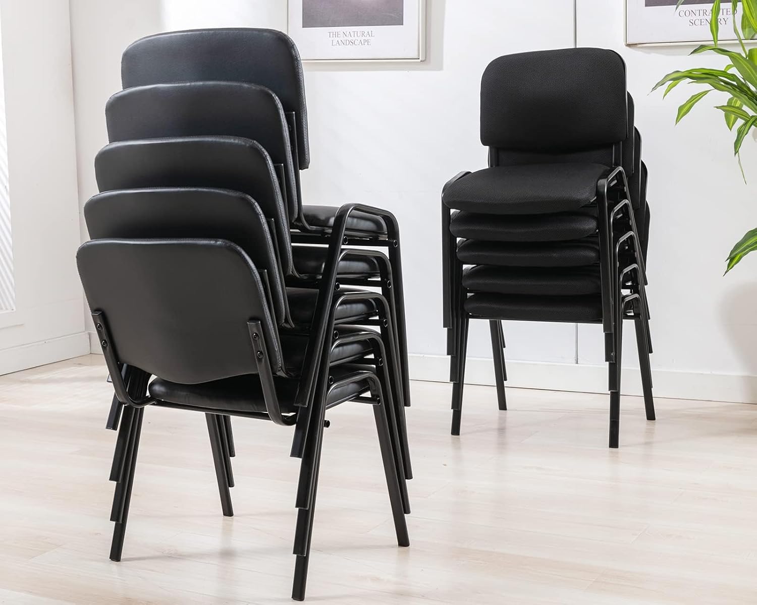 HNY Black Tablet Arm Chairs Set of 5, Mesh Office Waiting Room Guest Nesting Stacking Chairs, Reception Chairs with Flip-Up Table Conference Chair for School Classroom Training Meeting Room