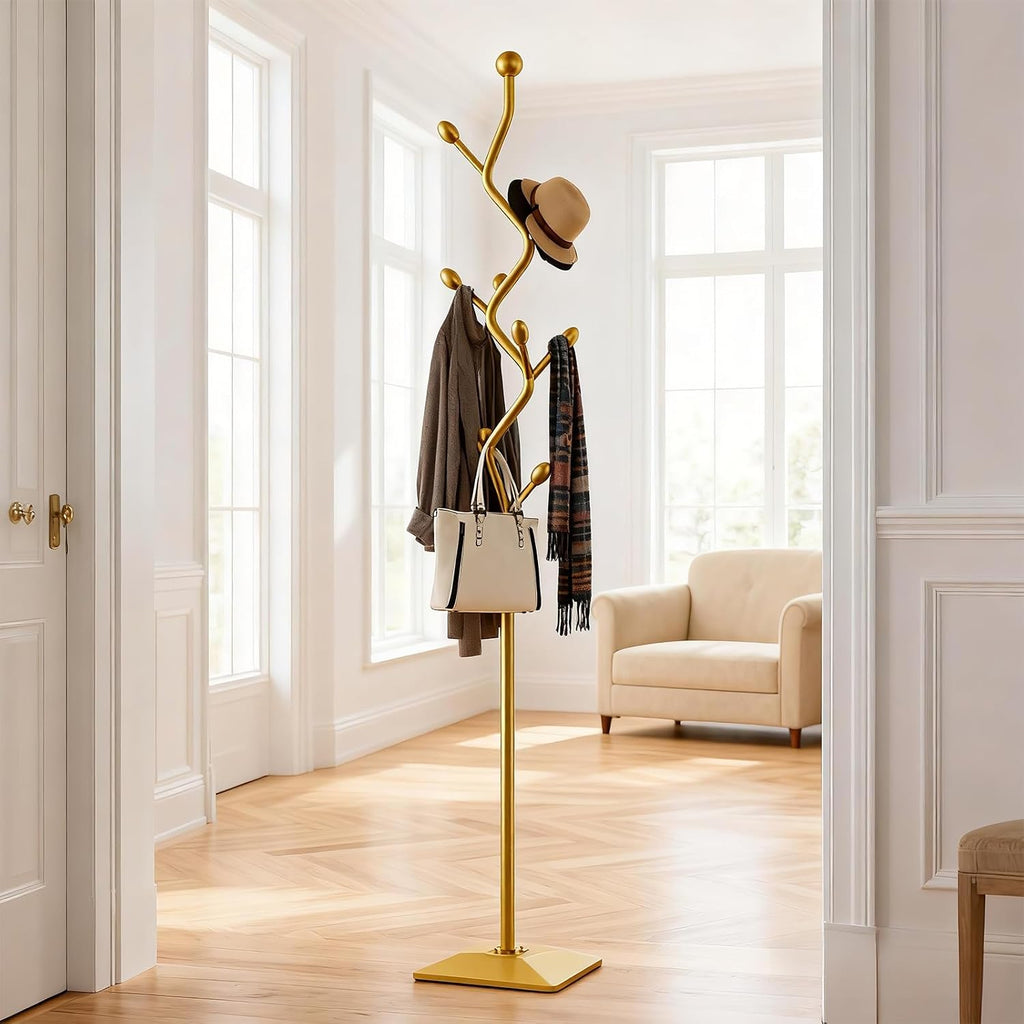 Gold coat rack,Coat Tree Freestanding heavy duty with 8 Hooks and Sturdy Metal Base for Coat Hats Purses,Tree-shaped Coat Stand for Entryway,Bedroom