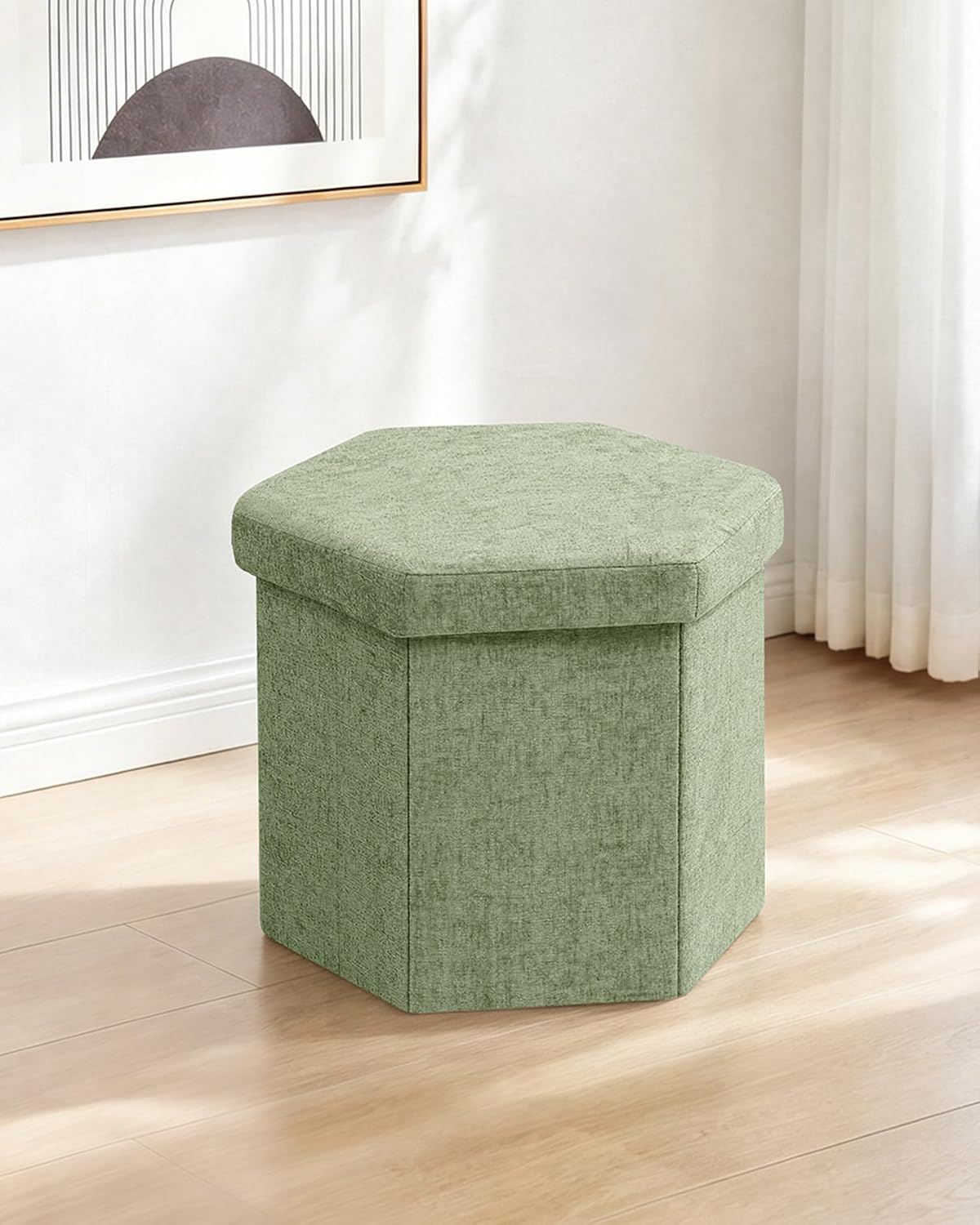B FSOBEIIALEO Storage Ottoman Cube Hexagonal Pouf Ottomans, Foot Rest Seat for Sofa Footrest Entryway Shoe Footstool for Living Room/Bedroom/Entrway Chenille Green 16.93"x15"x15"