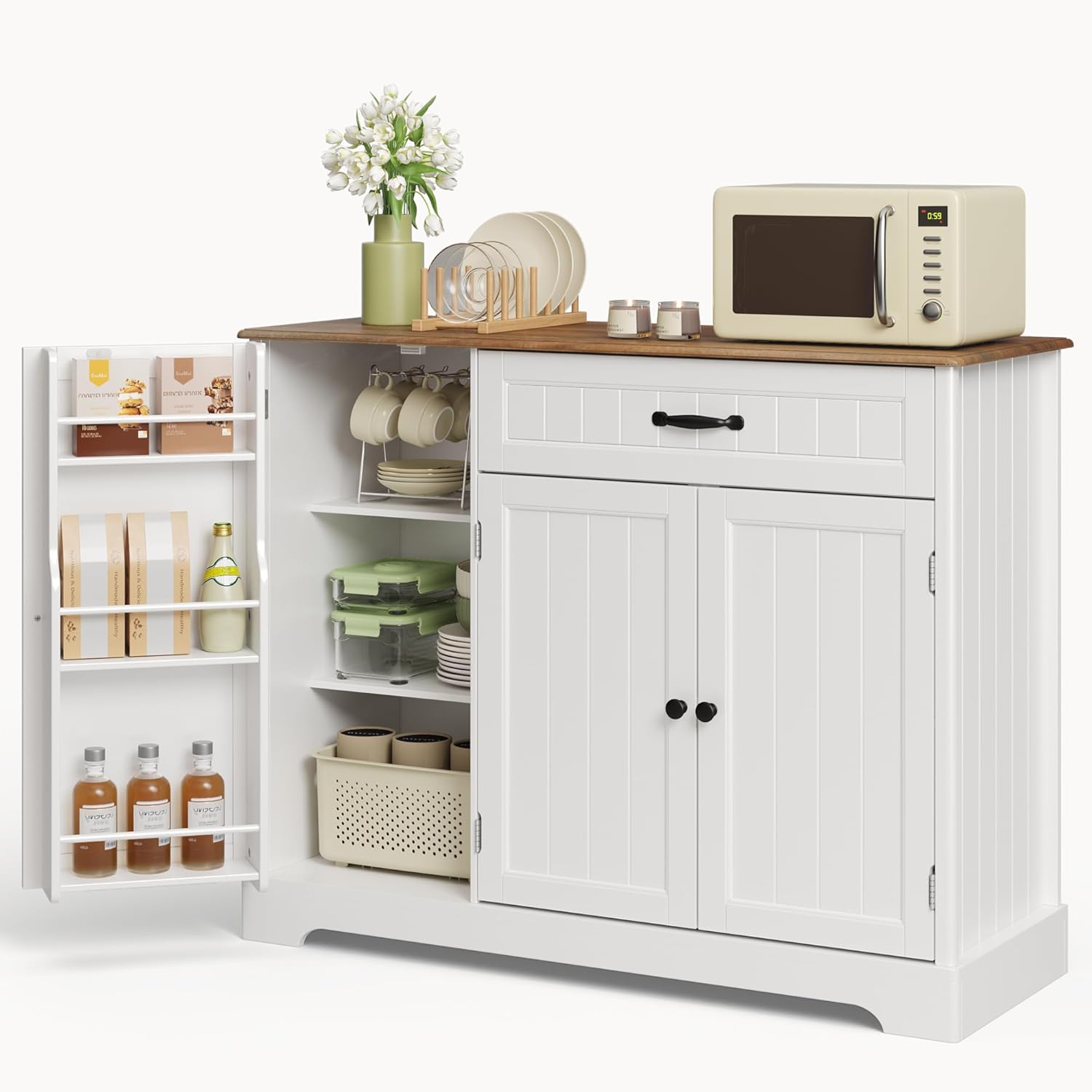 Ahomly Buffet Cabinet, Coffee Bar, Sideboard Cabinet with Internal Storage Shelf for Dining Room, Kitchen, Living Room, Kitchen and Laundry Room,White and Rustic
