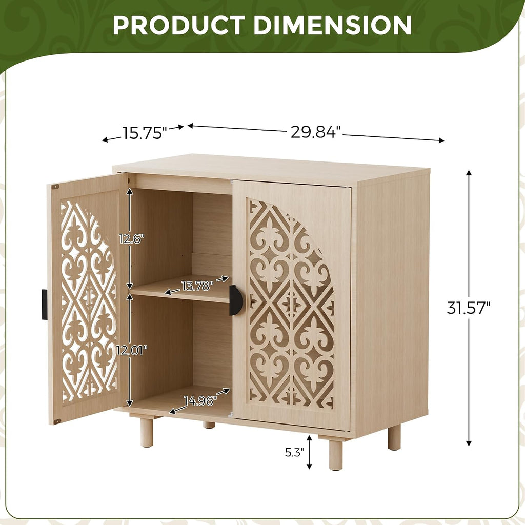 Set of 2 Sideboard Buffet Cabinet, Boho Storage Cabinet with Doors and Shelves, Curved Accent Cabinet with Hollow Door for Living Room, Kitchen, Hallway, Beige