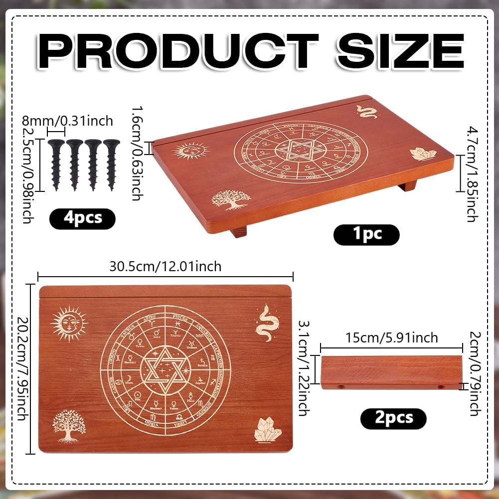 UNICRAFTALE Altar Table Wooden Small Altar Table 7.99x12 Inch Brown Meditation Table Engraved The Twelve Zodiac Rings Tree of Life Pattrns on Table Top for Room Decor Wiccan Supplies
