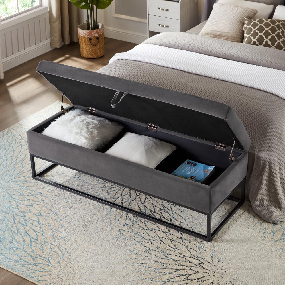 58.6" Bed Bench Metal Base with Storage Black Velvet (Foam + Grey + Velvet)