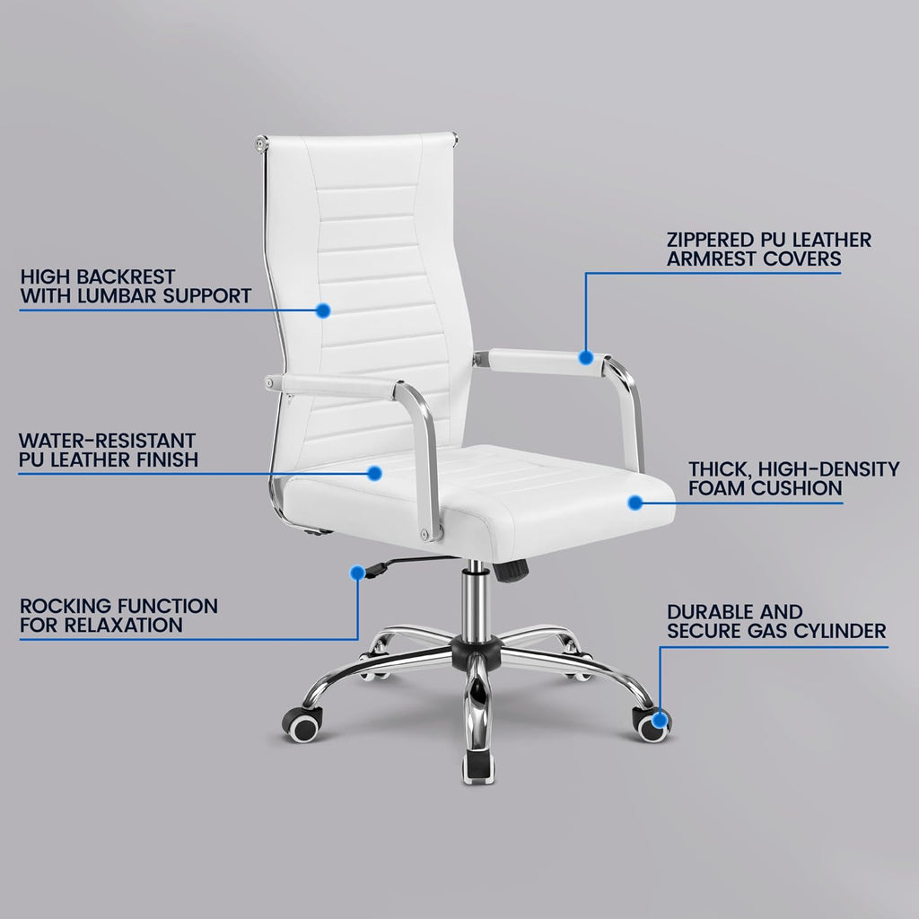 Yaheetech High-Back Office Desk Chair Executive Task Chair Management Chair PU Leather Chair Height Adjustable with Ergonomic Backrests for Conference and Home, White