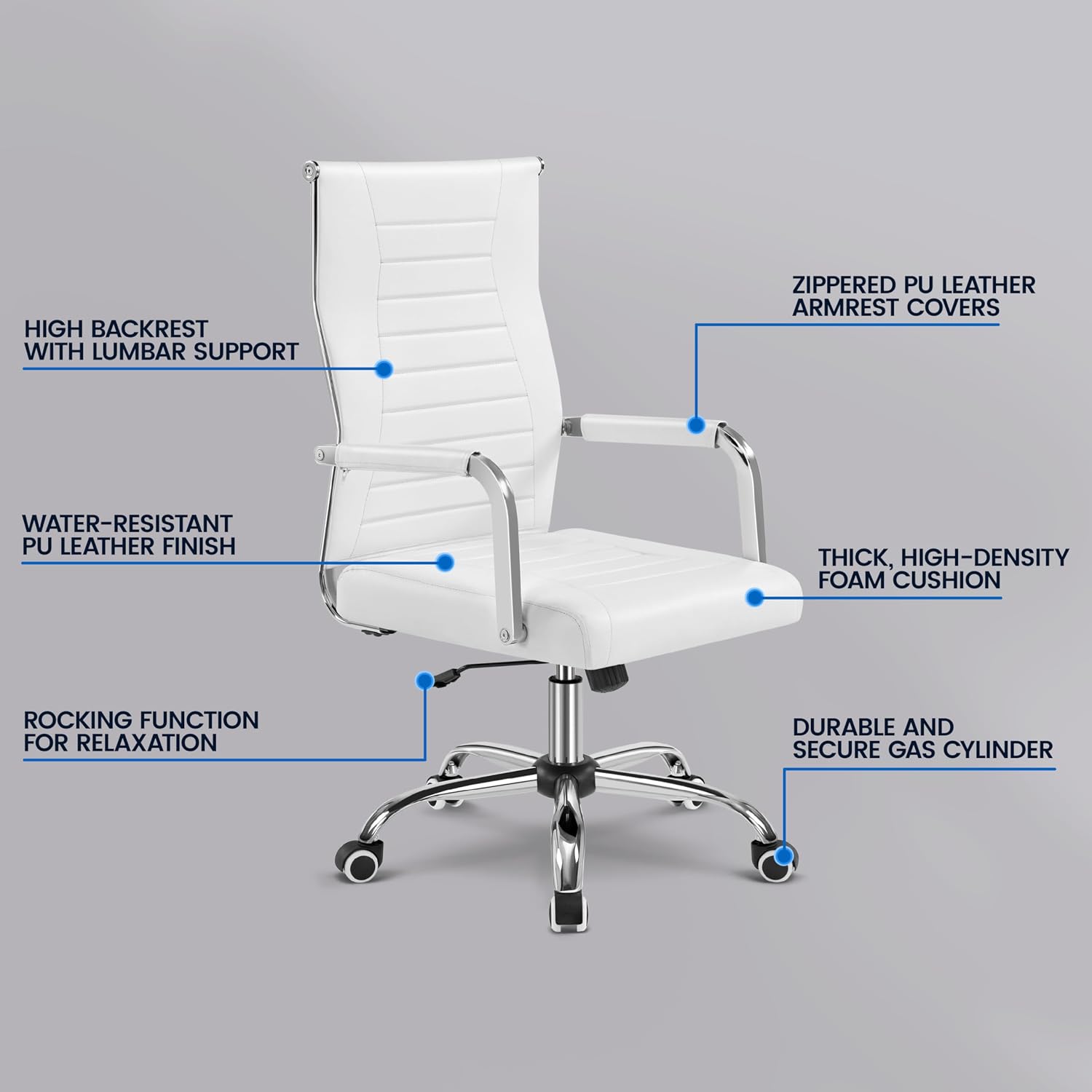 Yaheetech High-Back Office Desk Chair Executive Task Chair Management Chair PU Leather Chair Height Adjustable with Ergonomic Backrests for Conference and Home, White