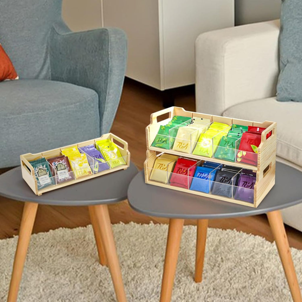 ZAVOOS Tea Bag Organizer, 3 Tier Large Stackable Tea Station Storage Box with 15 Compartments, Wooden Teabag Holder Sugar Packets Chest with Acrylic Divider for Kitchen, Countertop, Cabinet, Pantry