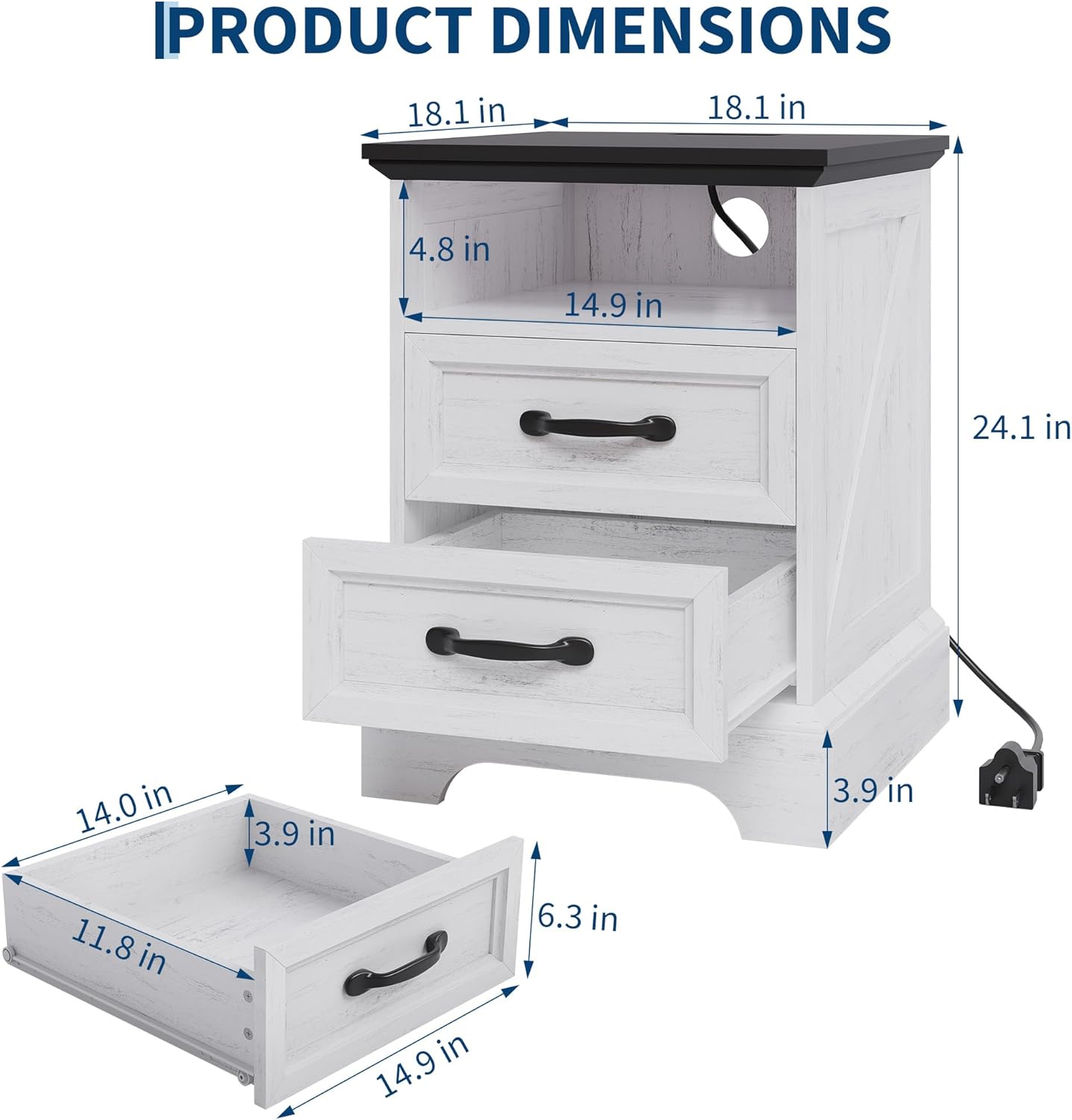 Garvee Farmhouse Rustic Nightstands with Charging Station Set of 1/2, Modern Wood Night Stands Bedside Tables with 2 Drawers, USB Ports & Outlets, White Accent Side Tables for Living Room Bedroom