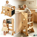 Heifriday Toddler Kitchen Step Stool for Kids 4-in-1 Hardwood Foldable Learning Standing Tower with Blackboard and Anti-tip Pad,Wooden Kitchen Stool Helper for 1-3 Year Old Boy Girl Gifts