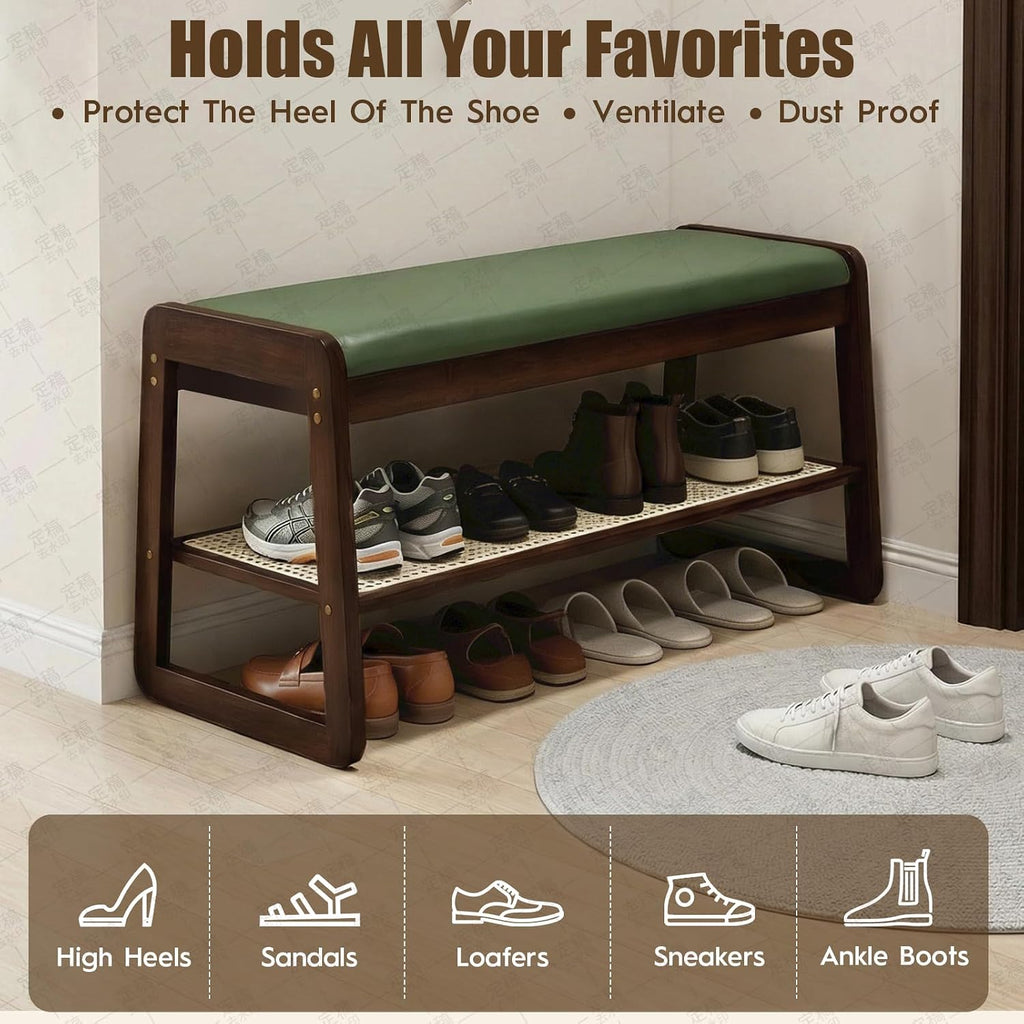 Shoe Rack Bench 2 Tier 27.6'' Bamboo Entryway Bench with Cushion and Hidden Storage Hold up to 300 lb Shoe Organizer for Hallway, Closet, Front Door Entrance, Foyer , Living Room Bedroom(Green)