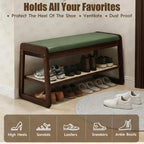 Shoe Rack Bench 2 Tier 27.6'' Bamboo Entryway Bench with Cushion and Hidden Storage Hold up to 300 lb Shoe Organizer for Hallway, Closet, Front Door Entrance, Foyer , Living Room Bedroom(Green)