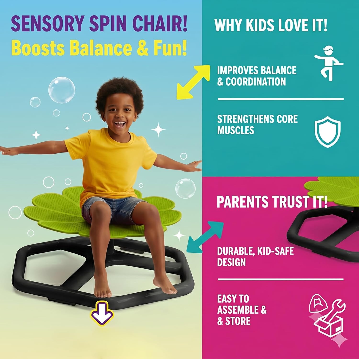 Spinning Chair for Autistic Kids,Sensory Swivel Chair, 220LBS Weight Capacity, Sensory Toy for ADHD & Autism 3-6 Years Children,Training Body Coordination, Metal Base Non-Slip Design (Green)