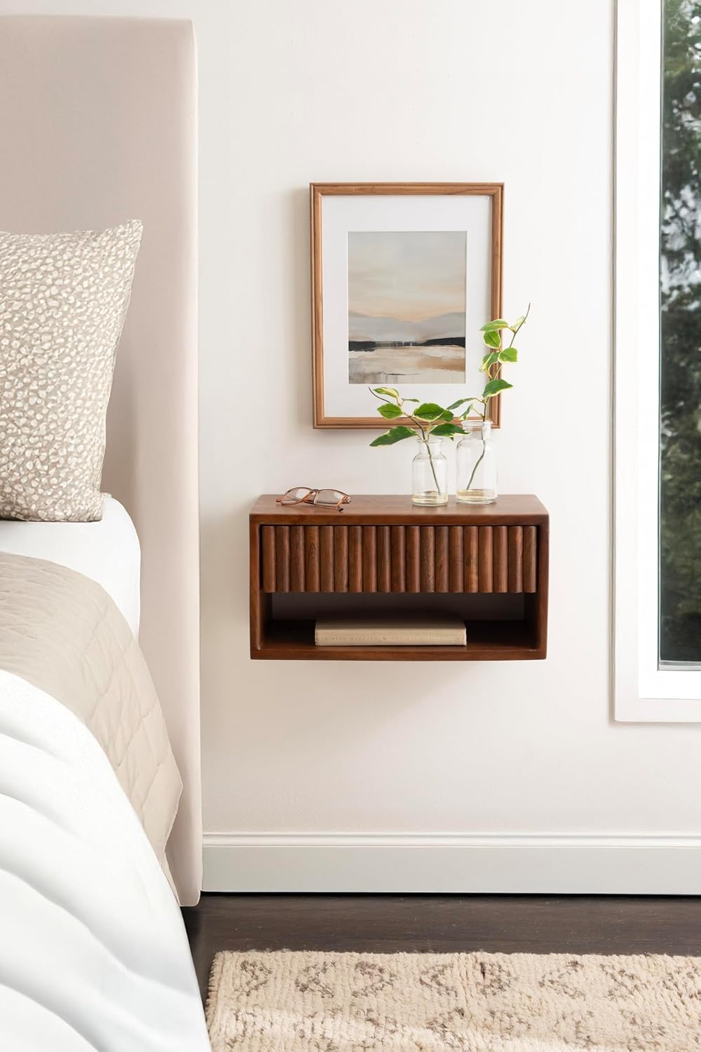 Kate and Laurel Reid Ribbed Wooden Tiered Floating Side Table, 18 x 10 x 9, Walnut Brown, Modern Rectangular Mango Wood Floating Nightstand with Drawer for Bedroom Storage or Living Room End Table