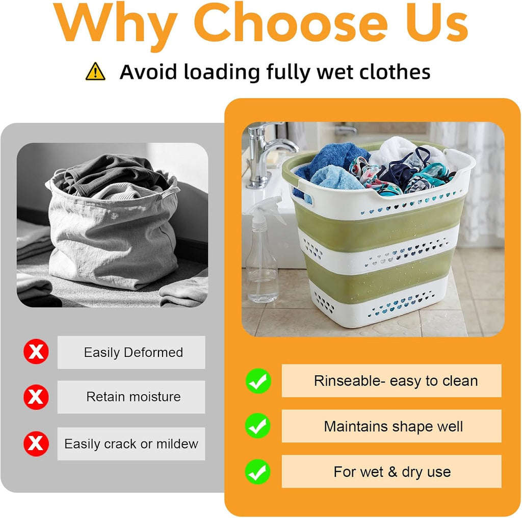 2 Pcs 42L/11.2 Gal Collapsible Laundry Basket - Foldable Plastic Pop Up Hamper with Handles, Space-Saving Storage Organizer for Wet & Dry Clothes, Ideal for Home, Dorm and Apartment Use Green