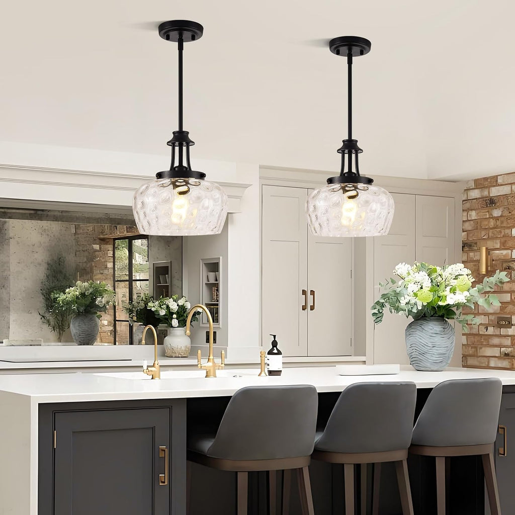 Modern Pendant Lights Kitchen Island, Matte Black Pendant Light Fixtures with 10" Clear Hammered Glass Shade, Industrial Hanging Pendant Lights Fixture for Kitchen Island Dining Room Bedroom Entryway