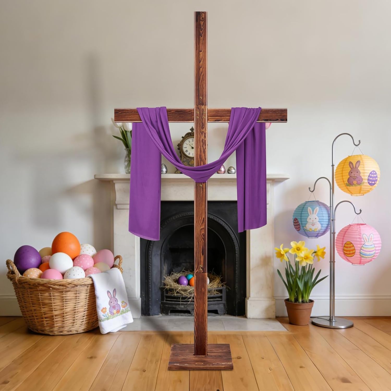 Blayvorn 6.5FT Extra Large Wood Cross with Red Draped Cloth, Handcrafted Burned Wooden Christian Cross for Christ Jesus He Is Risen Outdoor Decor, Church Easter Display, Communion Church Decor（Light
