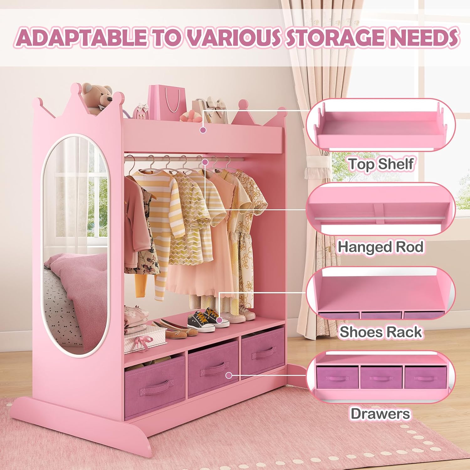 COSVALVE Kids Dress Up Storage with Mirror and Drawers, Kid Armoire Dresser, Pretend Storage Closet for Kids, Costume Wardrobe with Top Shelf for Playroom Bedroom, Lovely Pink