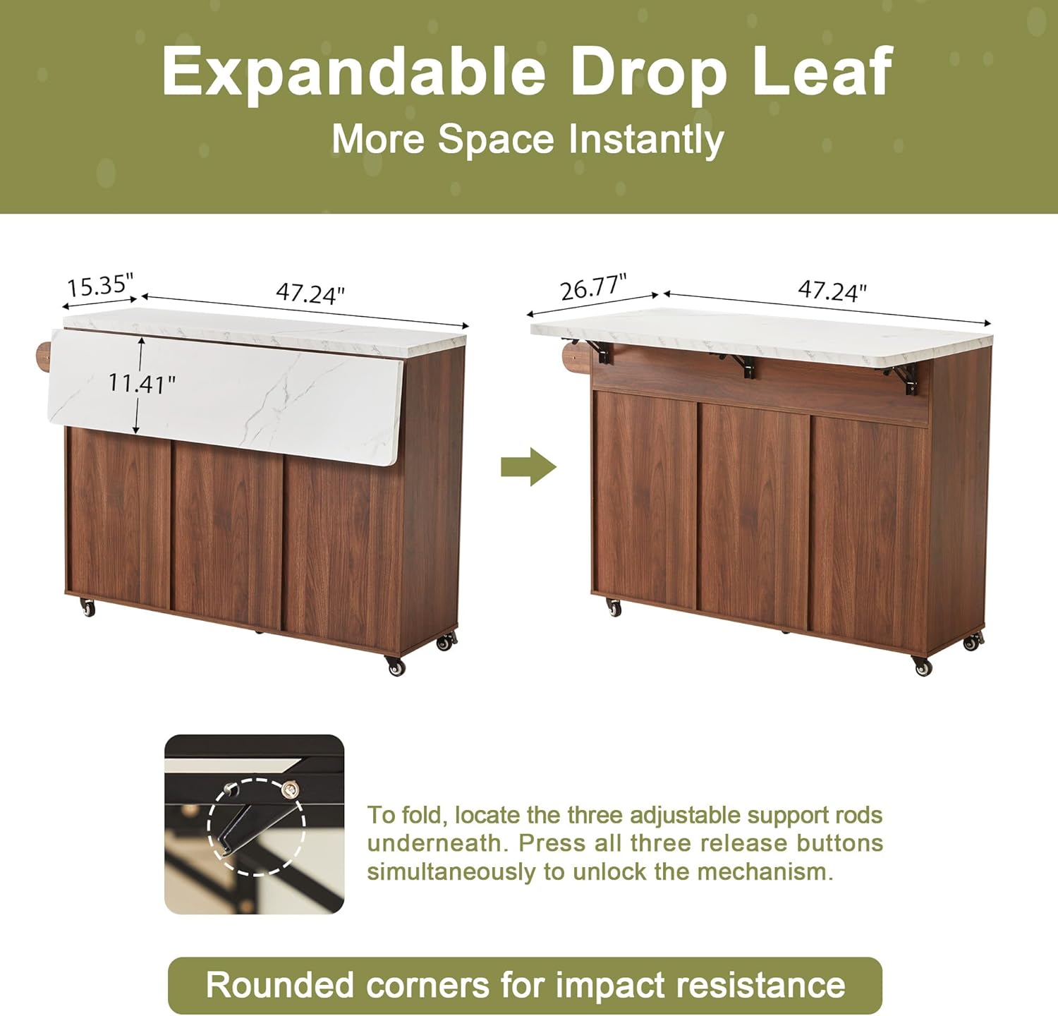 weselon 47" Mobile Kitchen Island with Storage & Drop Leaf, Rolling Kitchen Cart on Wheels with 2 Drawers, Adjustable Shelves, Towel Rack & Hooks, Faux Marble Top Island Table for Kitchen (Walnut)