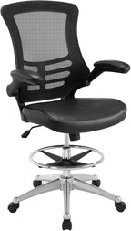 Modway Attainment Vinyl Drafting Chair - Drafting Stool With Flip-Up Arm in Black