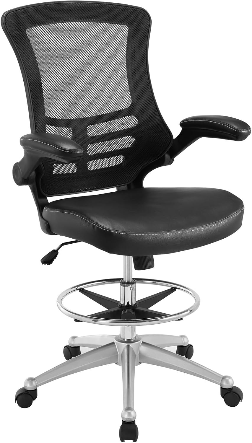 Modway Attainment Vinyl Drafting Chair - Drafting Stool With Flip-Up Arm in Black