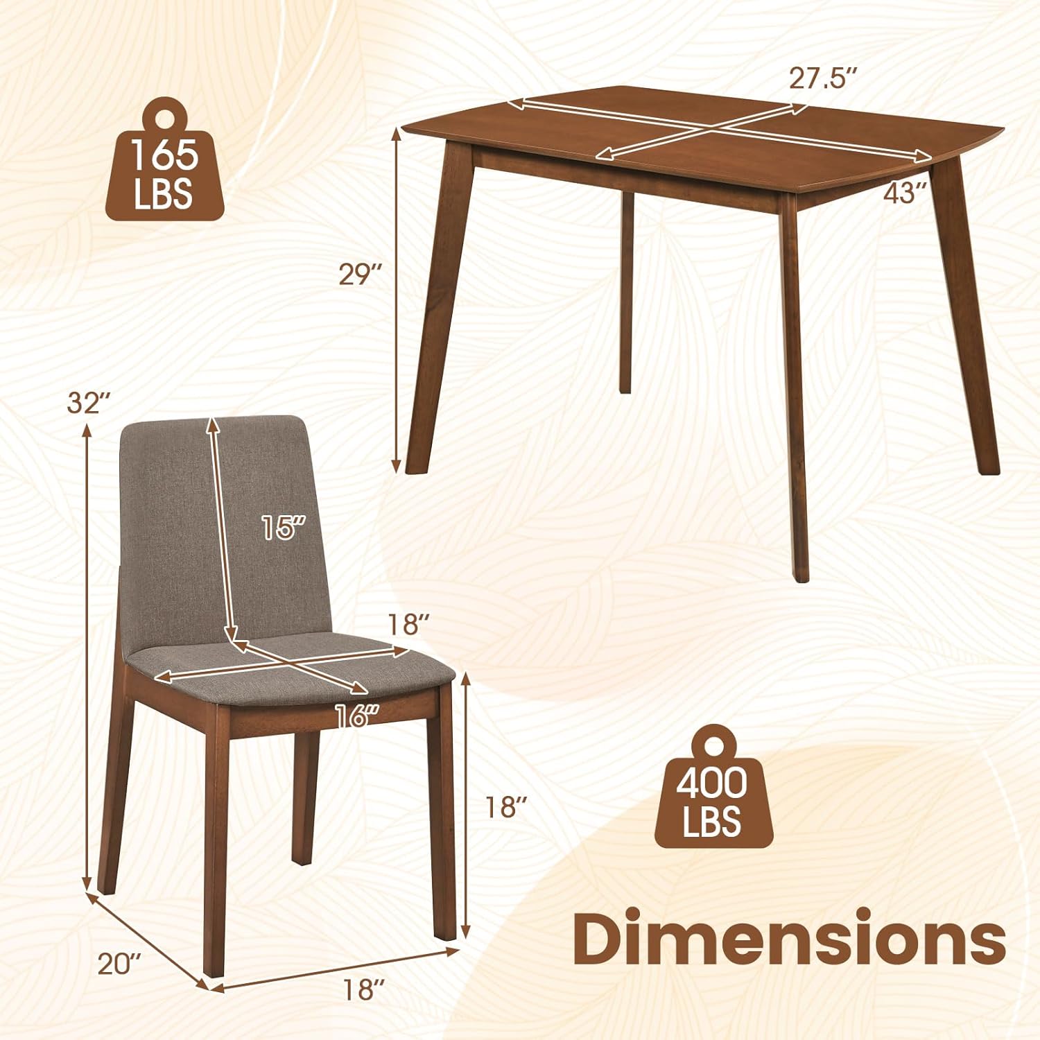 Giantex Dining Table Set for 4, Rectangular Kitchen Table and Chairs Set w/Rubber Wood Frame, Padded Seats & Backrests, Space-saving Dinette Set for Small Space, Apartment, Dining Room, Breakfast Nook