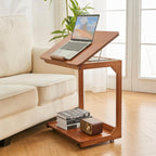 DUOMING Small Laptop Table with Wheels - Rolling Laptop Side Table Desk for Couch, Bedside Table Bedroom, Wooden TV Tray for Living Room, Teak
