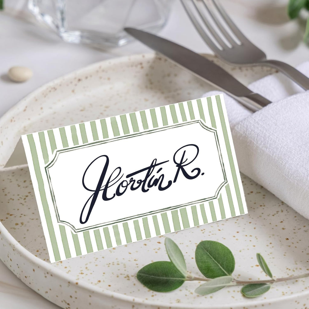 Whaline 100 Pcs Sage Green Place Cards Stripes Tented Card Seating Cards for Spring Wedding Birthday Bridal Shower Party Table Setting