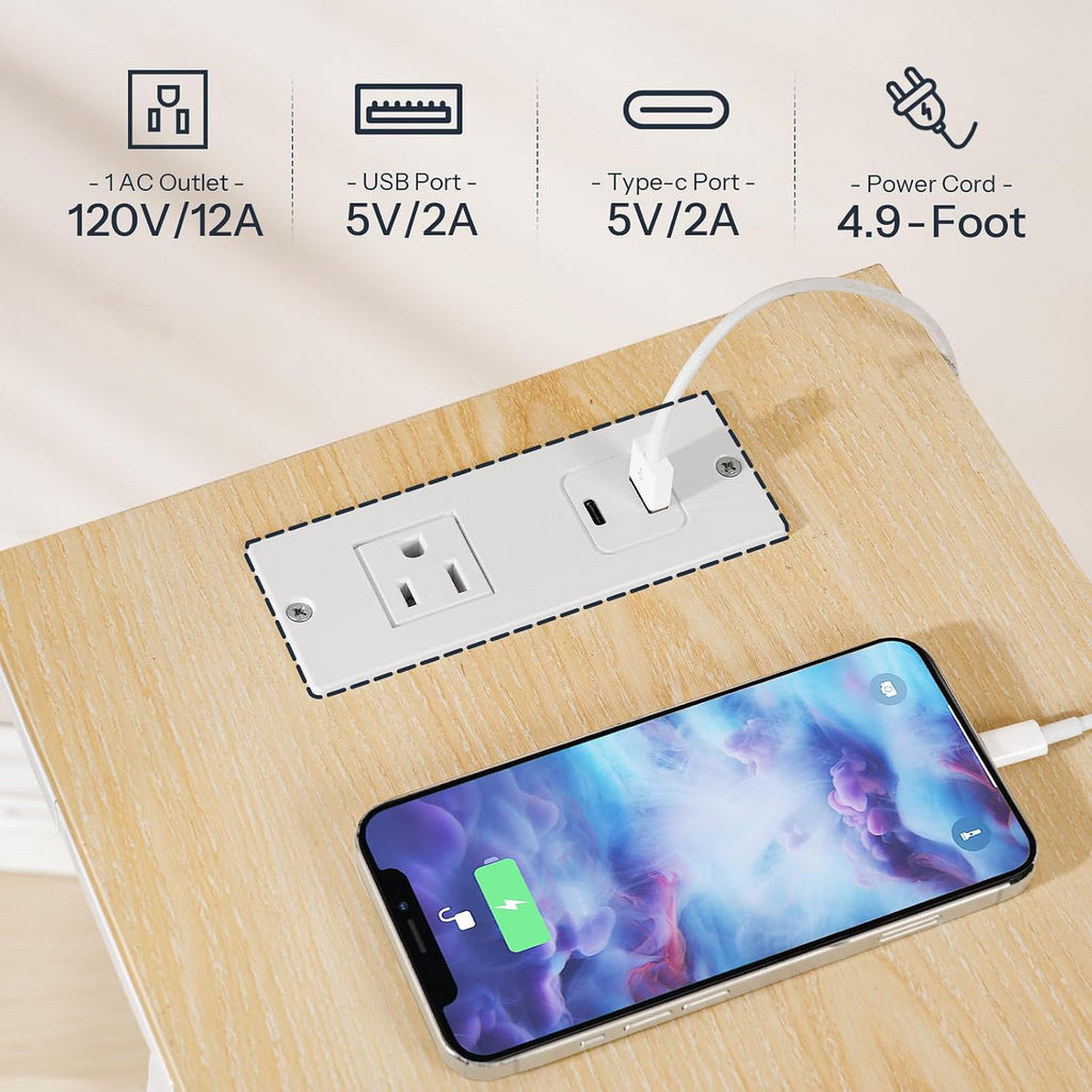 HOOBRO Side Table, Narrow End Table with 2-Tier Storage, Small Side Table with Charging Station, Fabric Pockets, Nightstand for Small Spaces, Living Room, Bedroom, White and Natural WN426UBZ01