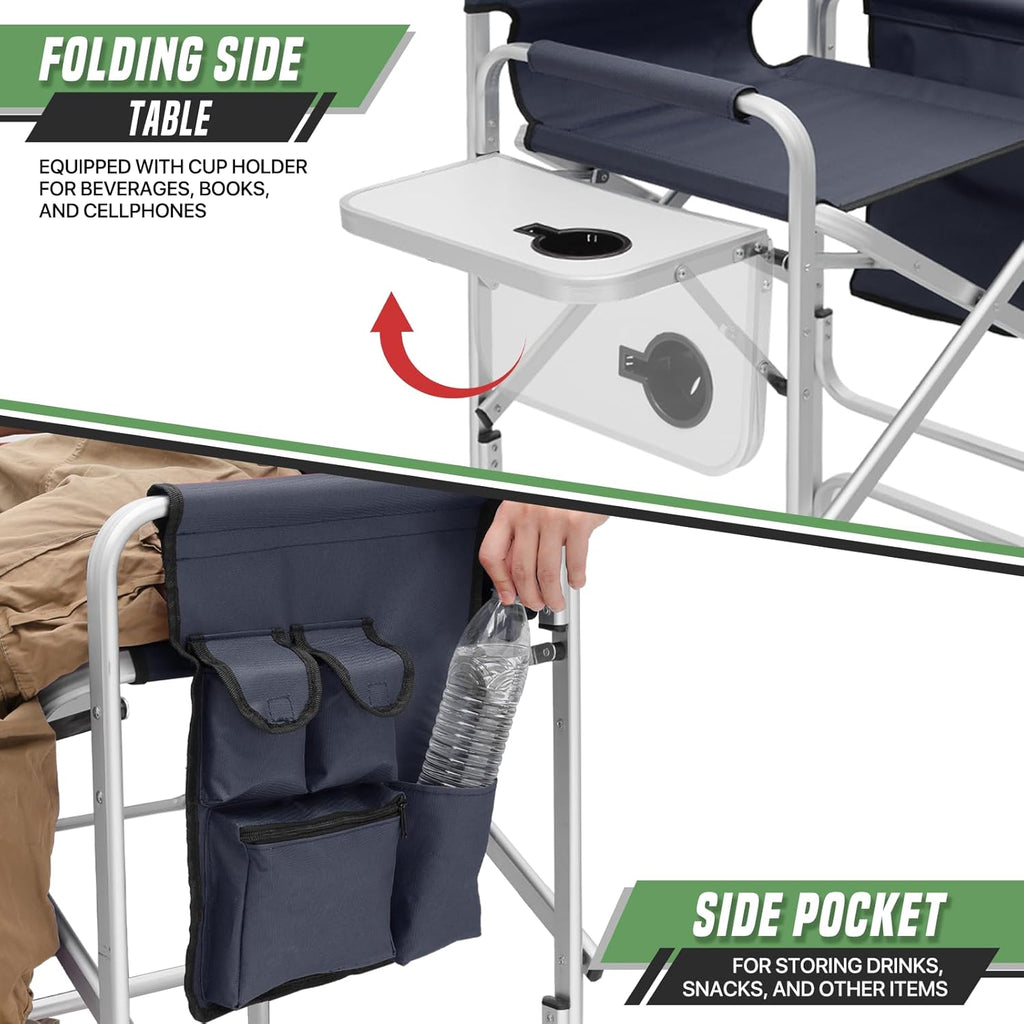 Directors Chair, 31“Tall Foldable Camping Chairs, Folding Aluminum Frame Vanity Chair, Makeup Artist Chair, Portable Camping Chair with Side Table, Cup Holder and Pockets, 250lbs Capacity(Blue)