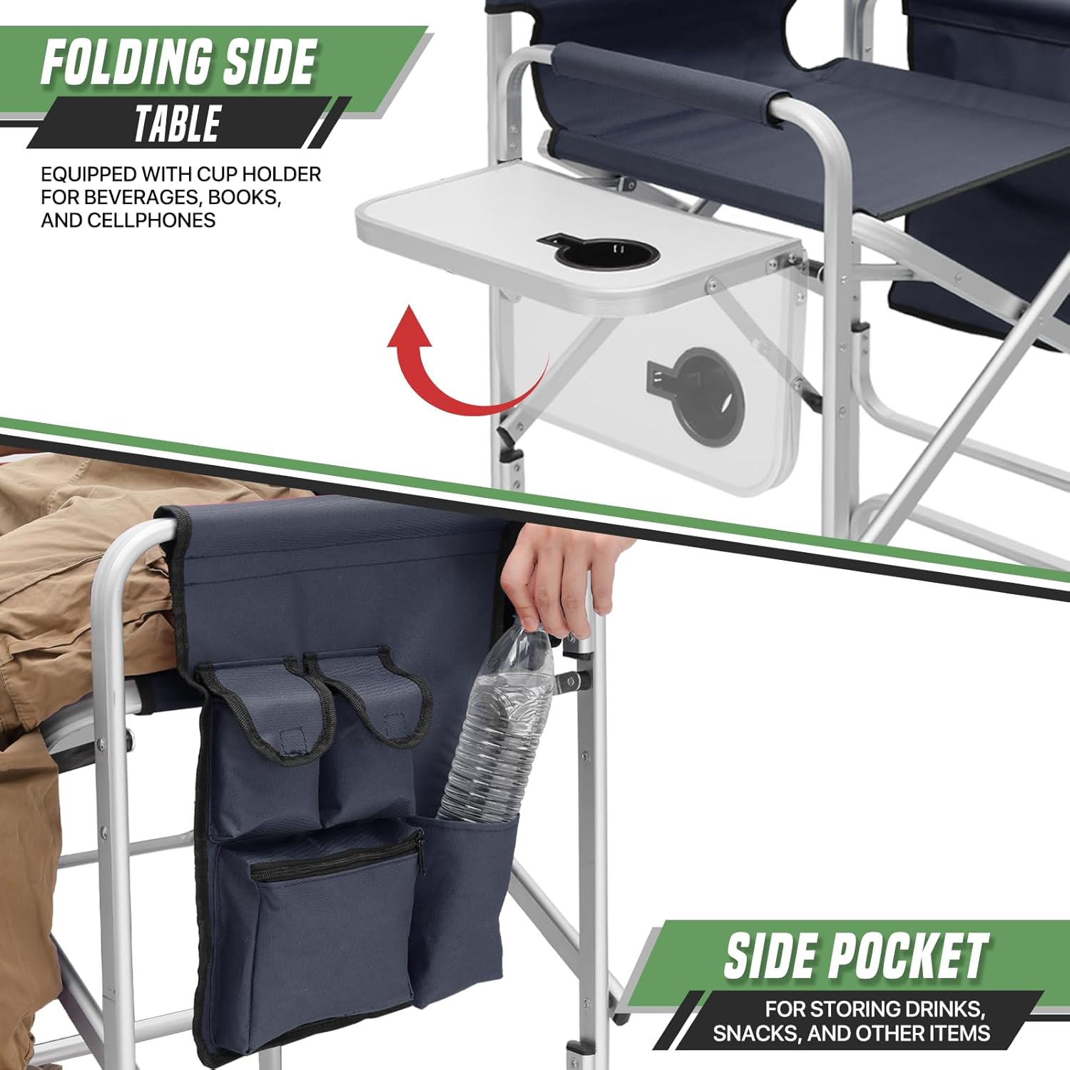 Directors Chair, 31“Tall Foldable Camping Chairs, Folding Aluminum Frame Vanity Chair, Makeup Artist Chair, Portable Camping Chair with Side Table, Cup Holder and Pockets, 250lbs Capacity(Blue)