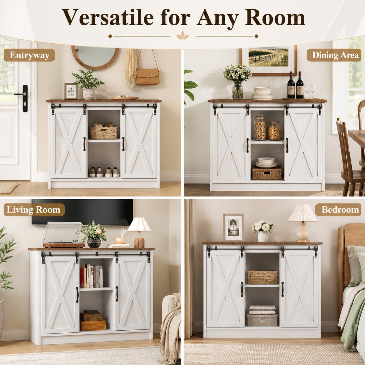 4 EVER WINNER Farmhouse Coffee Bar Cabinet, 42" Buffet Cabinet with Storage and Adjustable Shelf for Small Spaces, Coffee Station Cabinet with Sliding Barn Doors for Kitchen, Dining Room, White