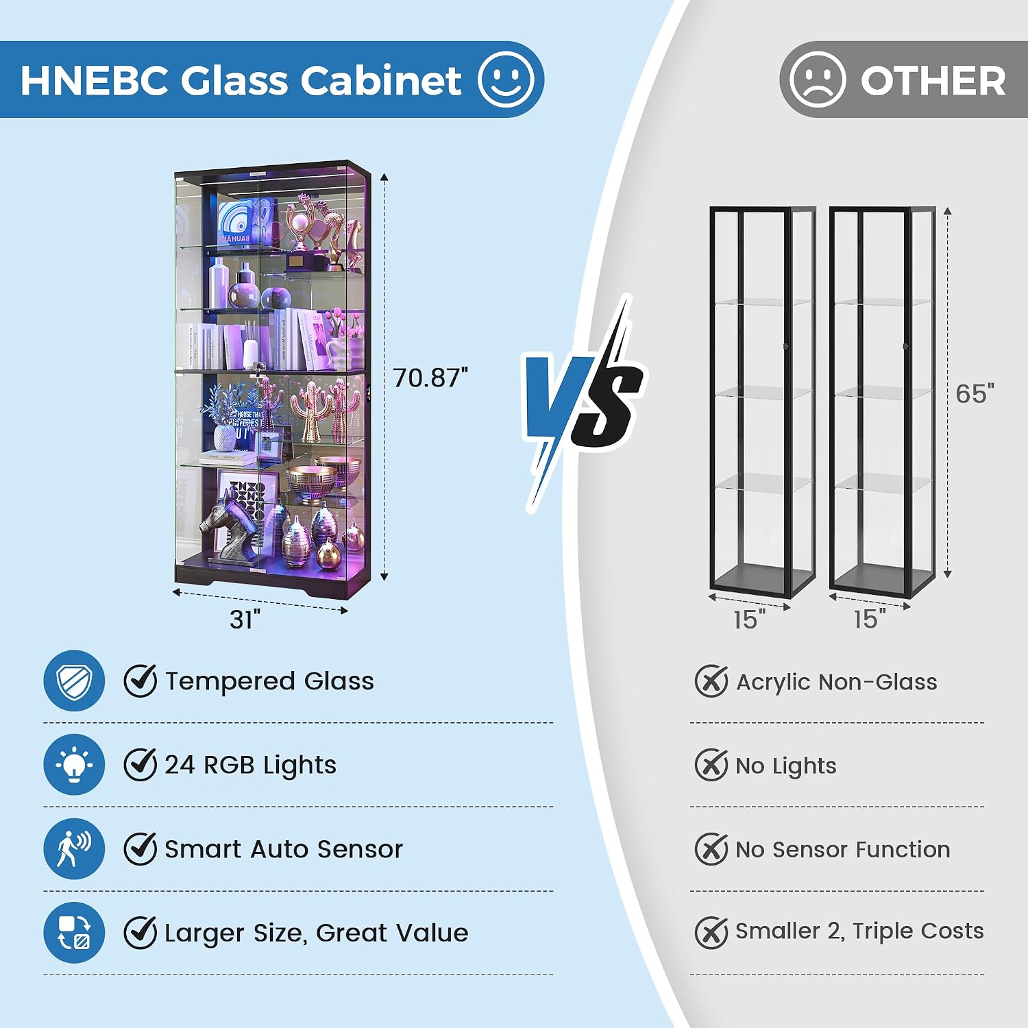 Glass Display Cabinet with RGB Lights,10-Tiers Curio Dispaly Cabinet with Human Body Sensor, Frameless Tall China Cabinets for Collectibles, Locking Showcase Cabinets with Shelf for Living Room