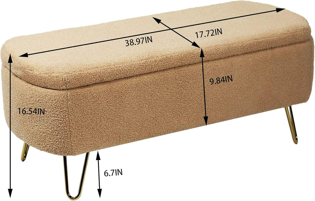 Storage Ottoman Bench for End of Bed Gold Legs, Modern Faux Fur Entryway Bench Upholstered Padded with Storage for Living Room Bedroom (Camel)